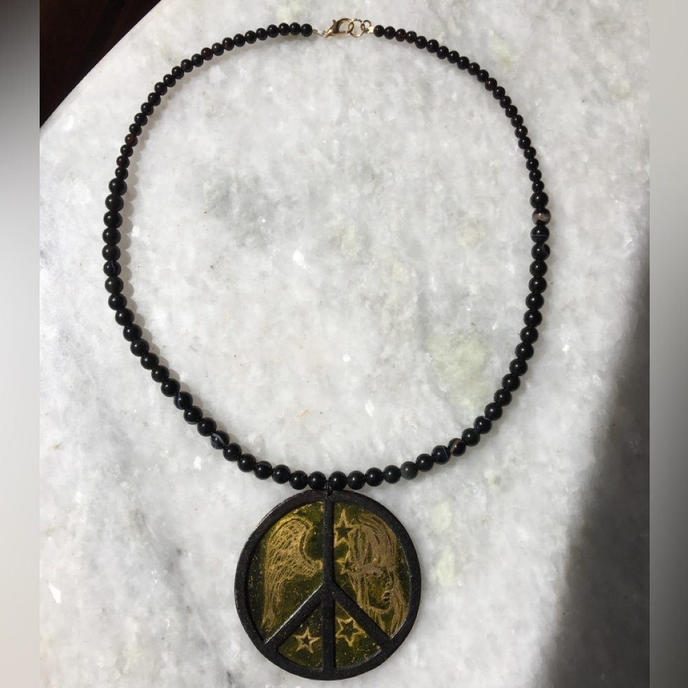 Peace Necklace | Handcrafted with black onyx and black agate beaded 18” necklace - Picture 3 of 15